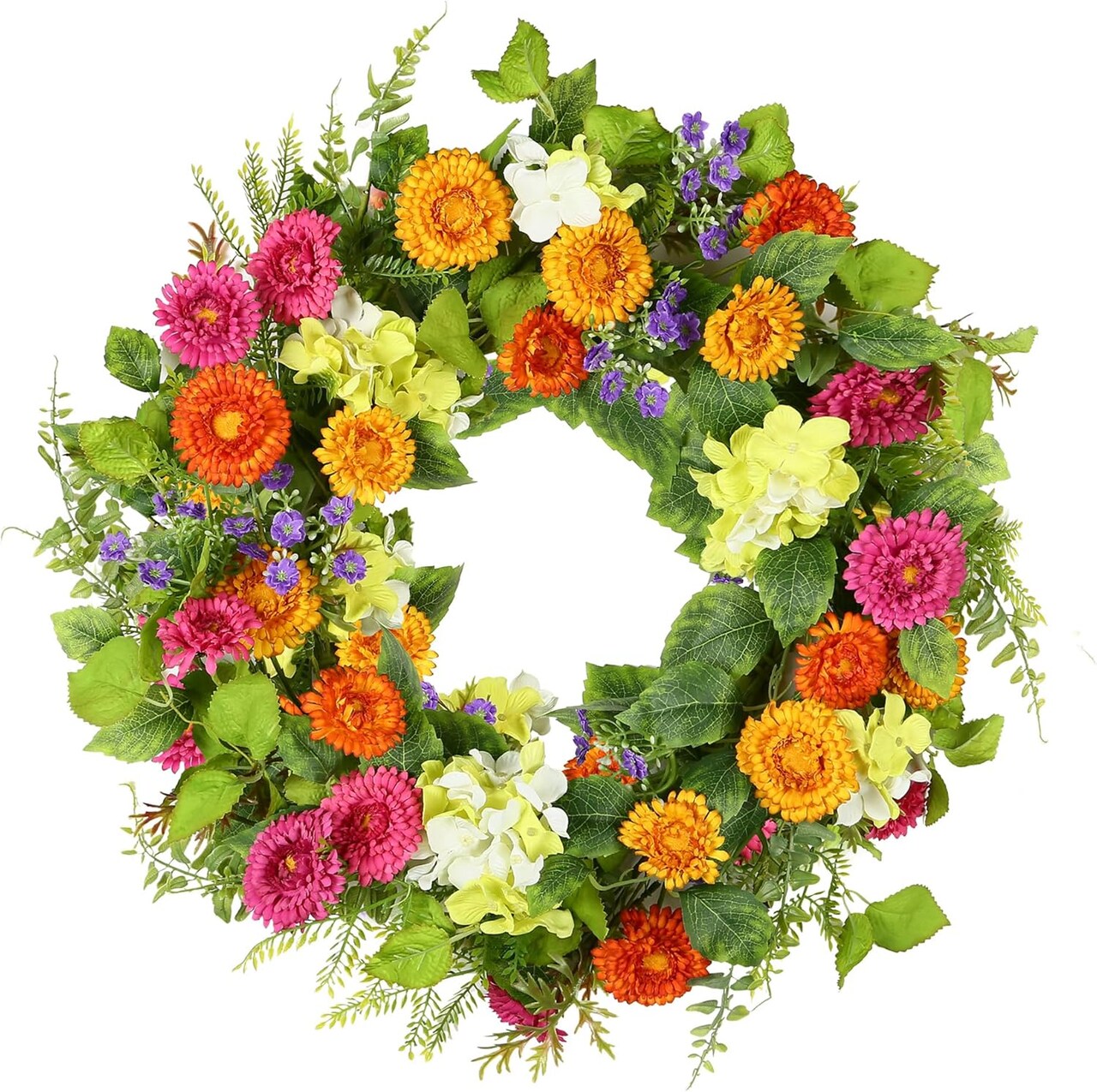 18" Summer Floral Wreaths for Front Door Summer Wreath with Daisy Flowers Green Tea Leaves, Artificial Floral Wreath Green Foliage Wreath for Wall Window Farmhouse Party Holiday Home Decor